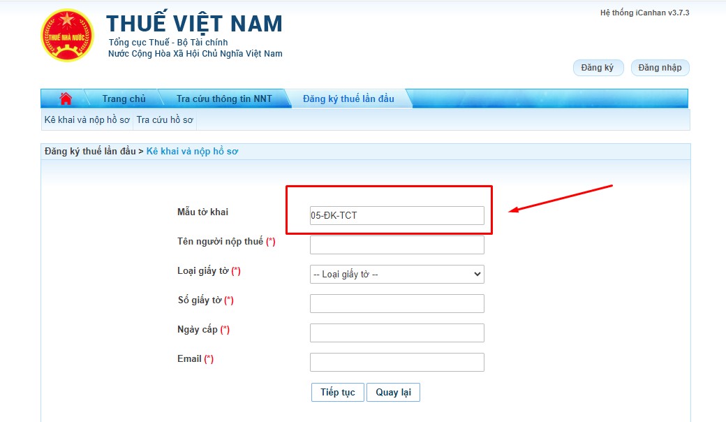 Điền thông tin đăng ký mã số thuế