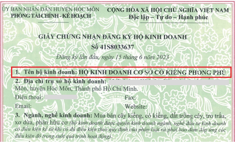 Mẫu giấy chứng nhận đăng ký hộ kinh doanh