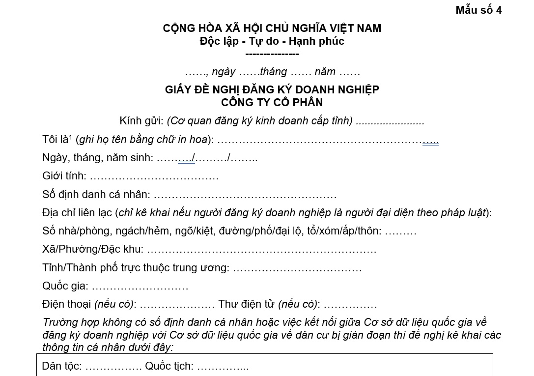 Mẫu hồ sơ thành lập công ty cổ phần mới nhất hiện nay 2 Mẫu giấy đề nghị đăng ký công ty cổ phần