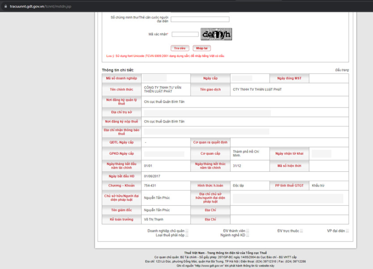 kết quả tra cứu thông tin hộ kinh doanh trên tổng cục thuế